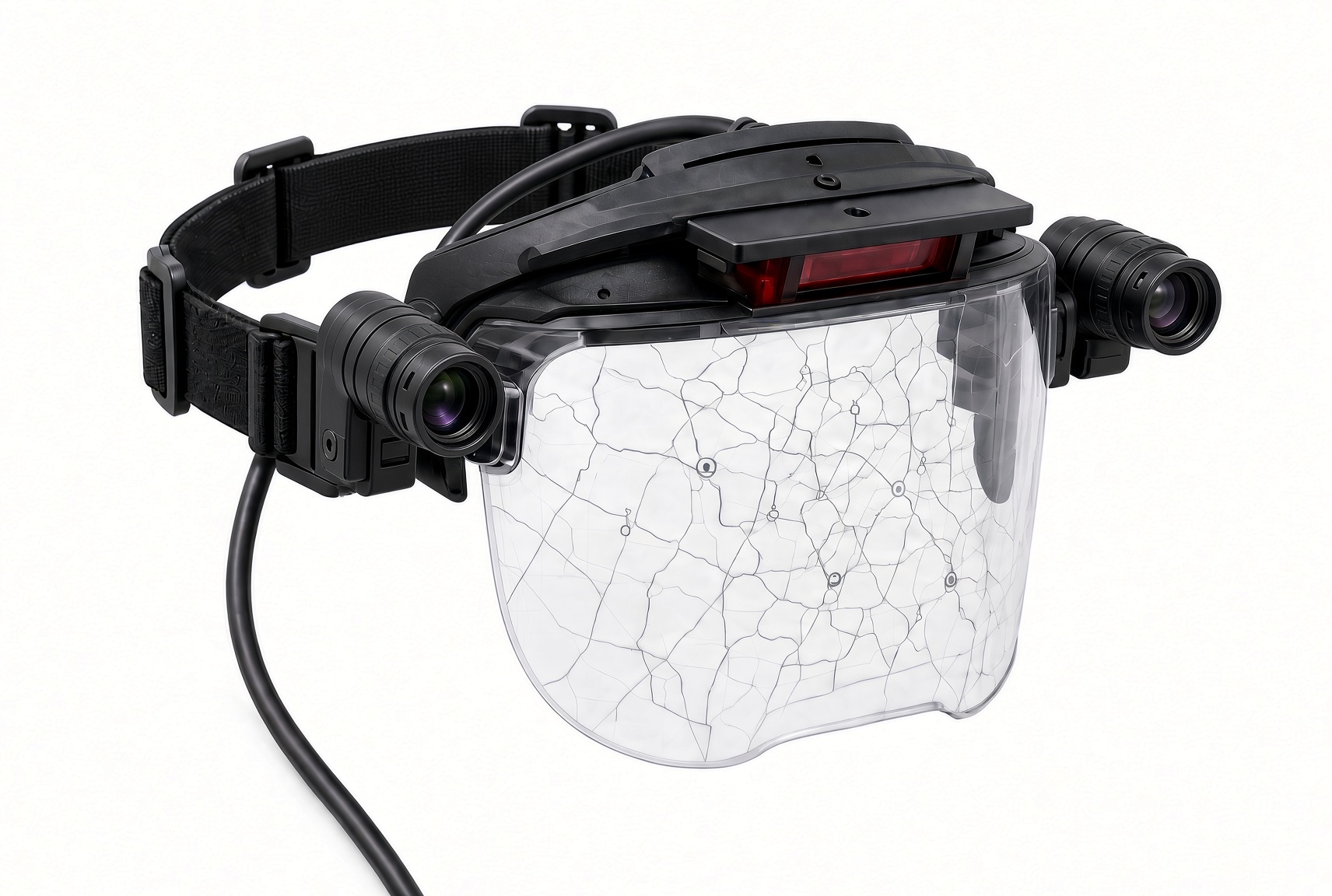 A.I.M. headband visor concept with side camera modules and a transparent face panel showing a map