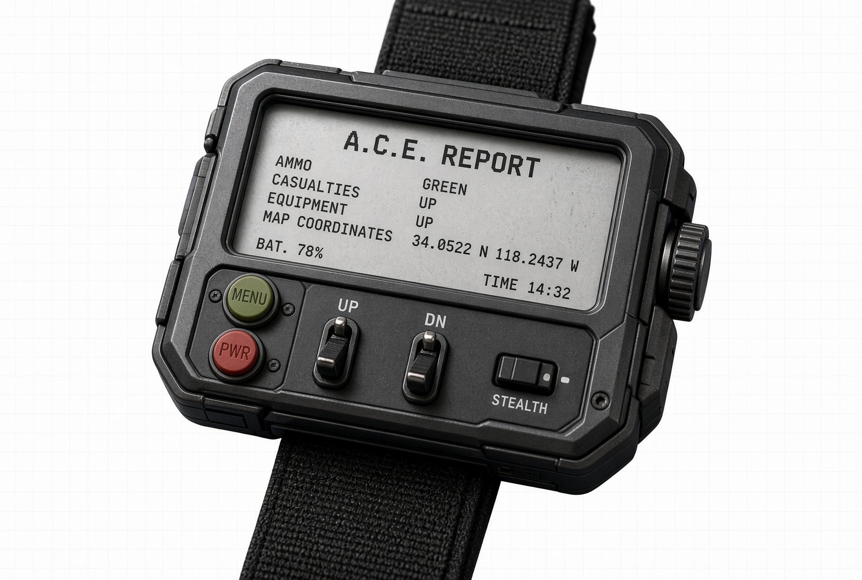 Quarterback wristband concept with an ACE report on its e-paper display and physical controls